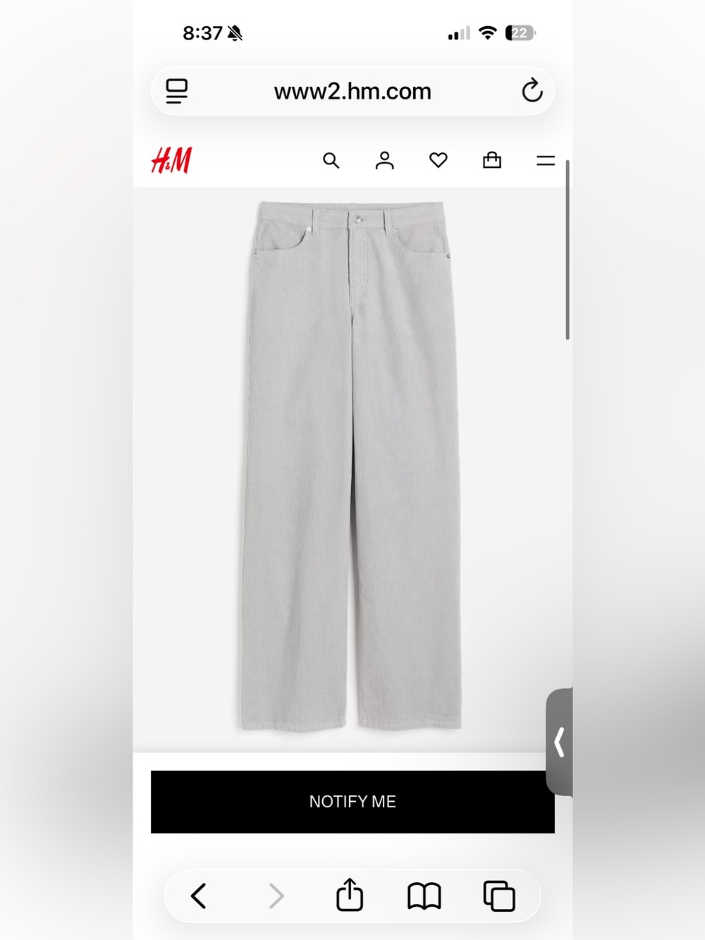 H&M Light Gray Corduroy Wide Leg Pants